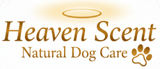 Image of the words, Heaven Scent Natural Dog Care, with a halo and paw print